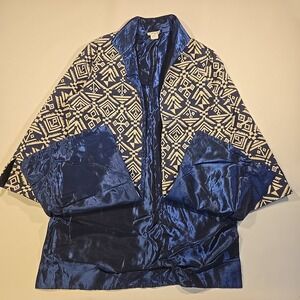 VTG Grace Chuang Women L Coat Blue White Jacquard Aztec Pattern Satin 3/4 Sleeve